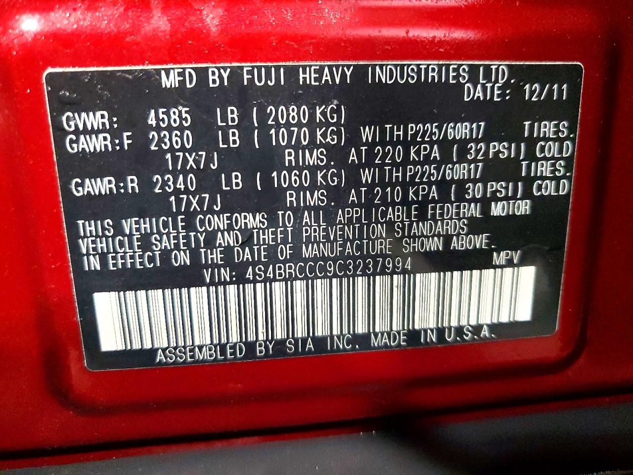 2012 SUBARU OUTBACK 2.5I PREMIUM photo 25