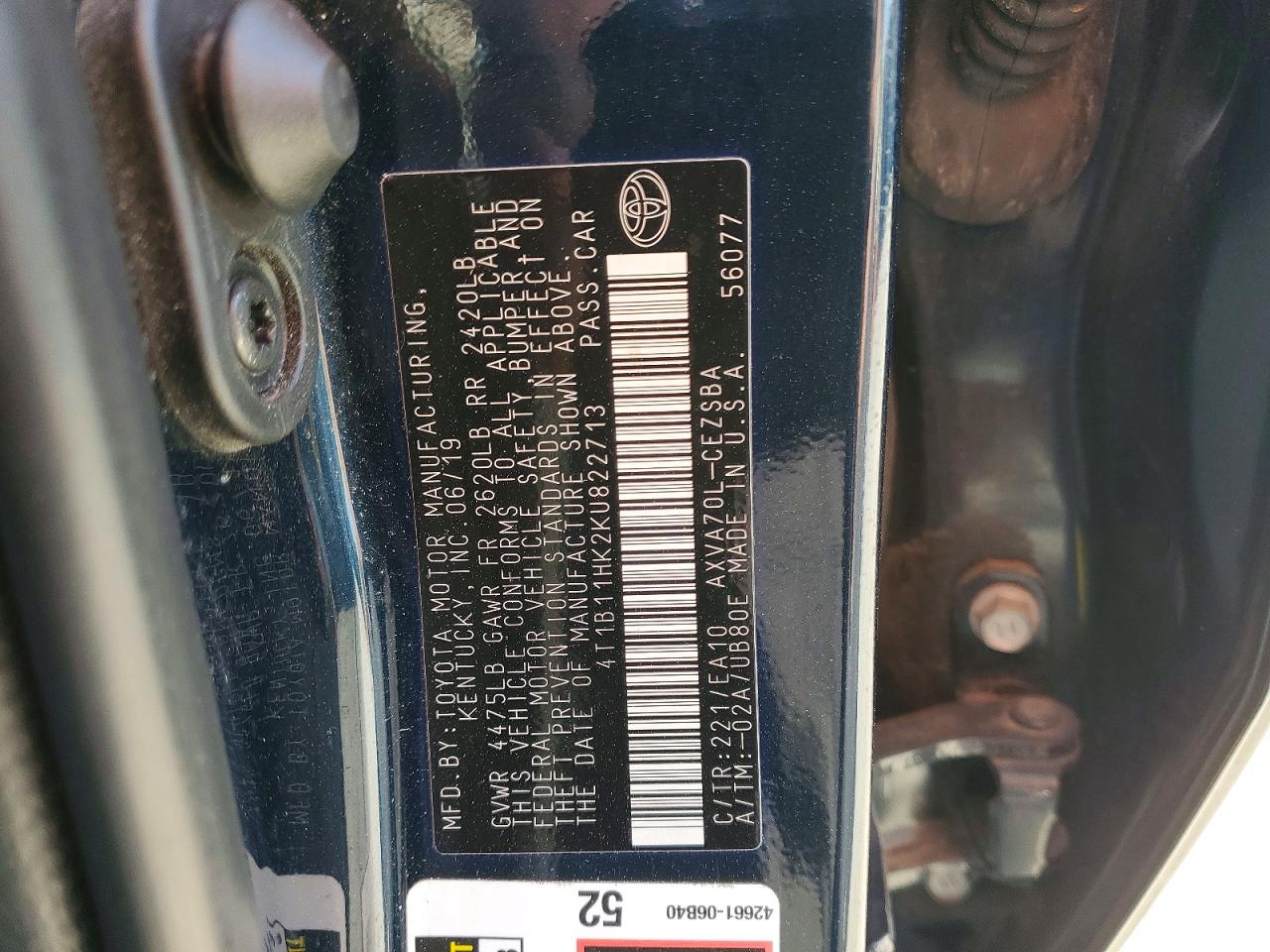 2019 TOYOTA CAMRY L photo 12