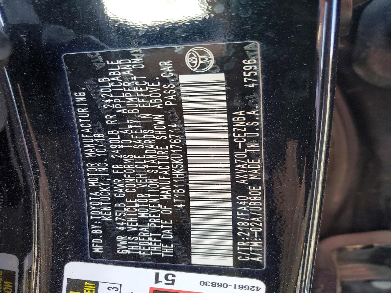 2019 TOYOTA CAMRY LE photo 12