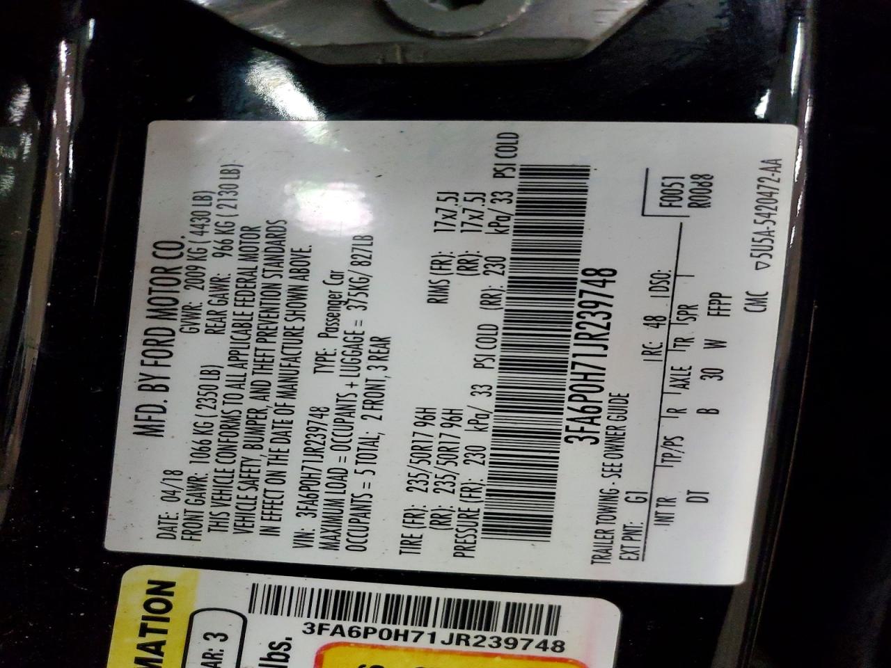 2018 FORD FUSION SE photo 34