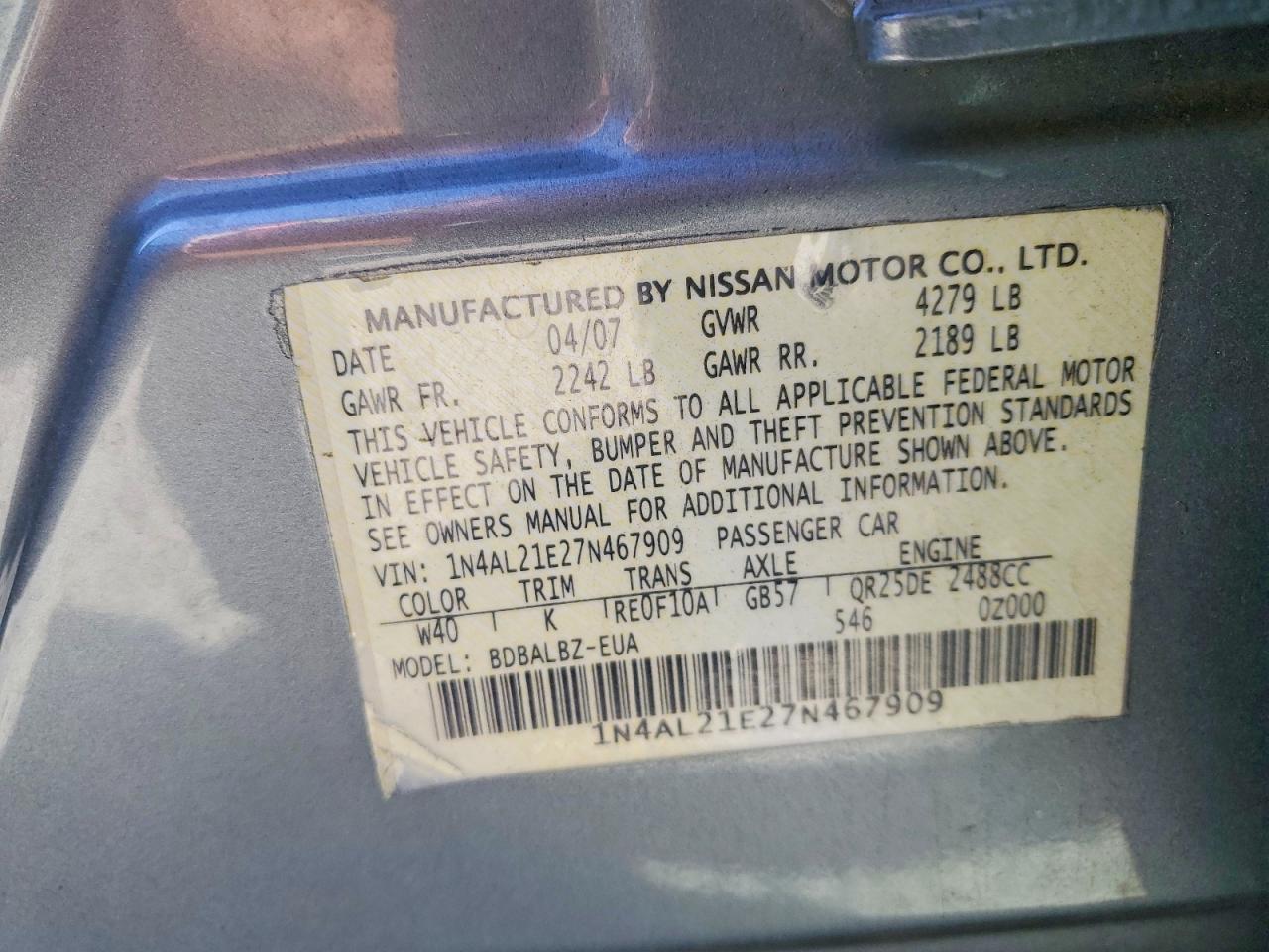 2007 NISSAN ALTIMA 2.5 photo 12