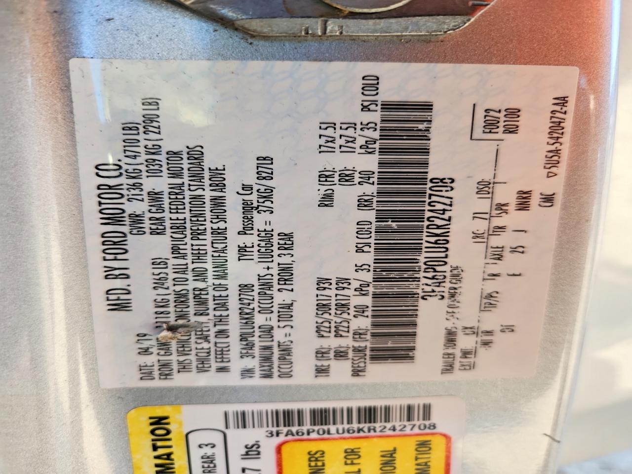 2019 FORD FUSION SE photo 12