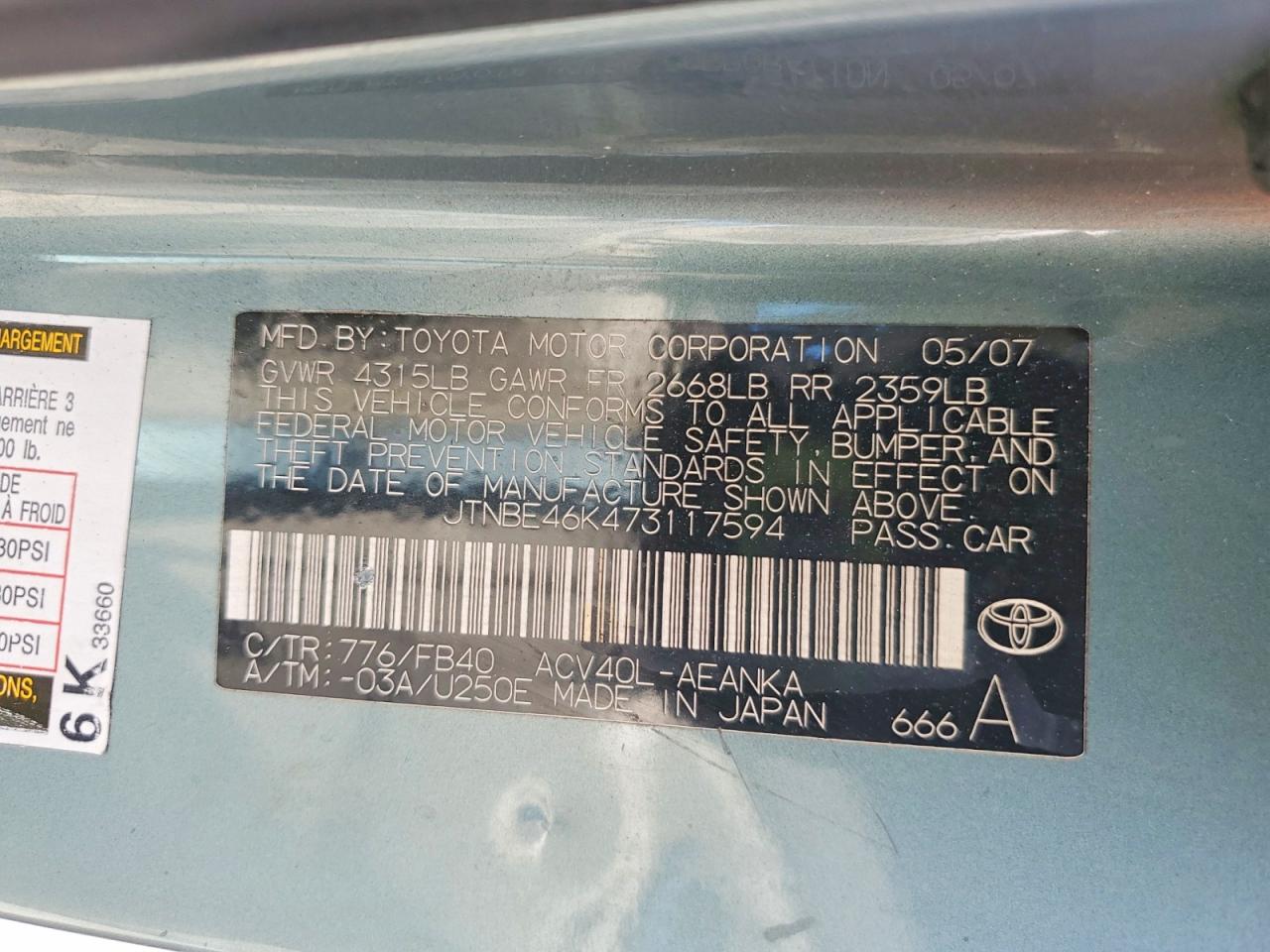 2007 TOYOTA CAMRY LE photo 25