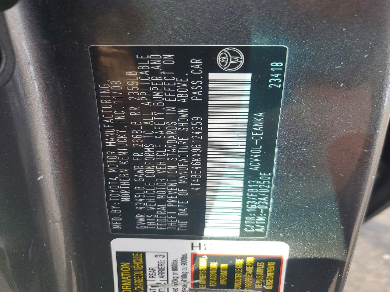 2009 TOYOTA CAMRY LE photo 12