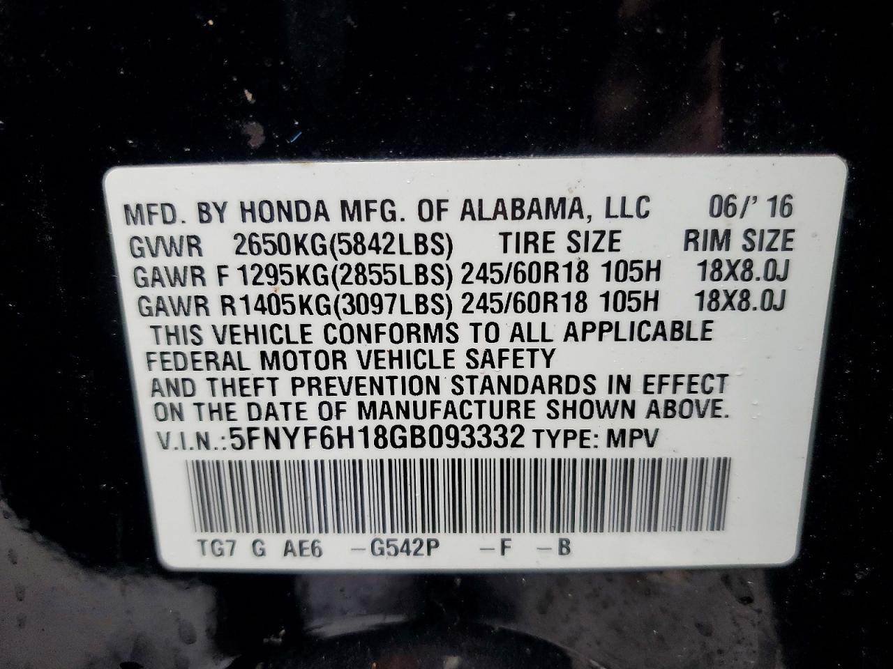 2016 HONDA PILOT LX photo 23