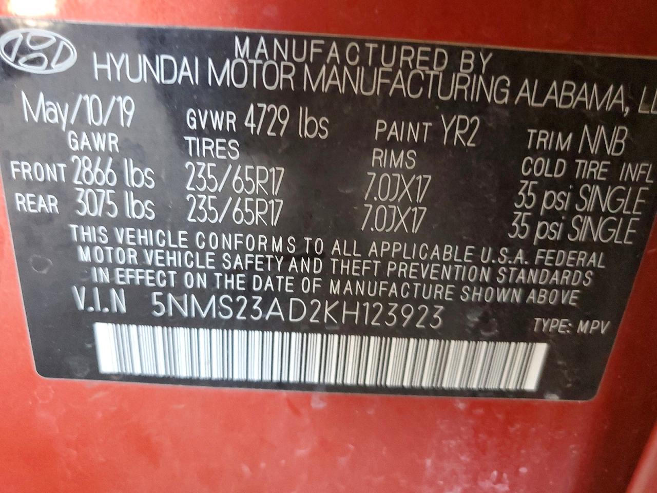 2019 HYUNDAI SANTA FE SE 2.4L photo 12