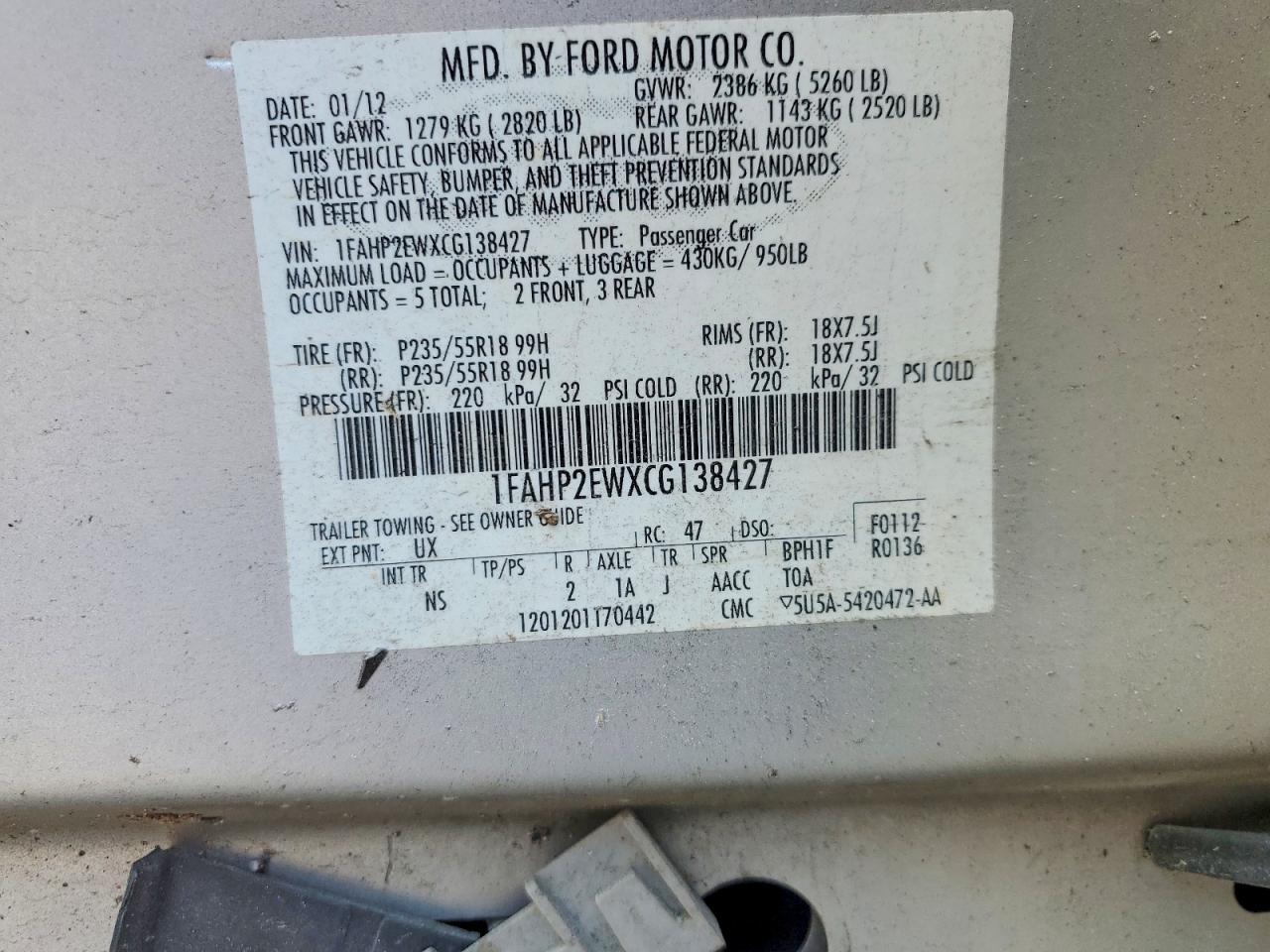 2012 FORD TAURUS SEL photo 12
