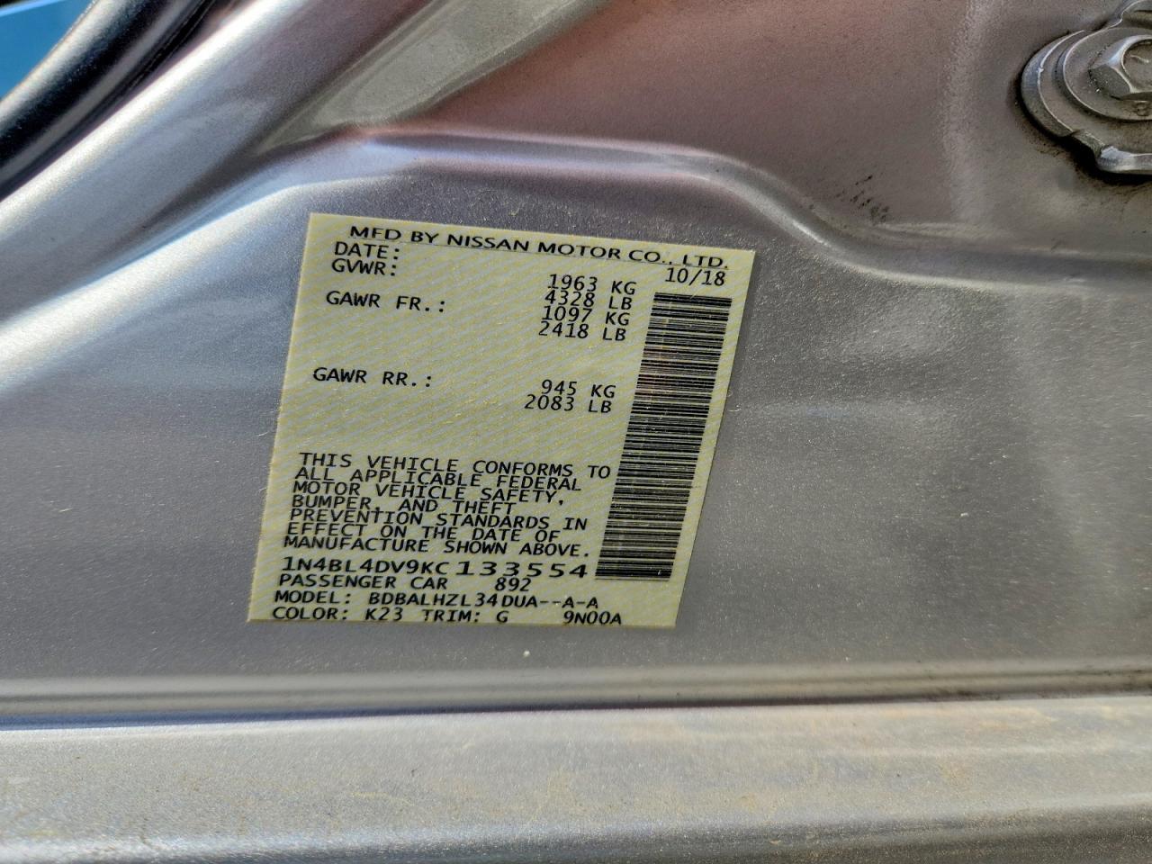 2019 NISSAN ALTIMA 2.5 SV photo 12