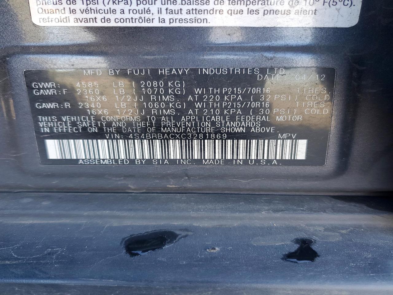 2012 SUBARU OUTBACK 2.5I photo 14