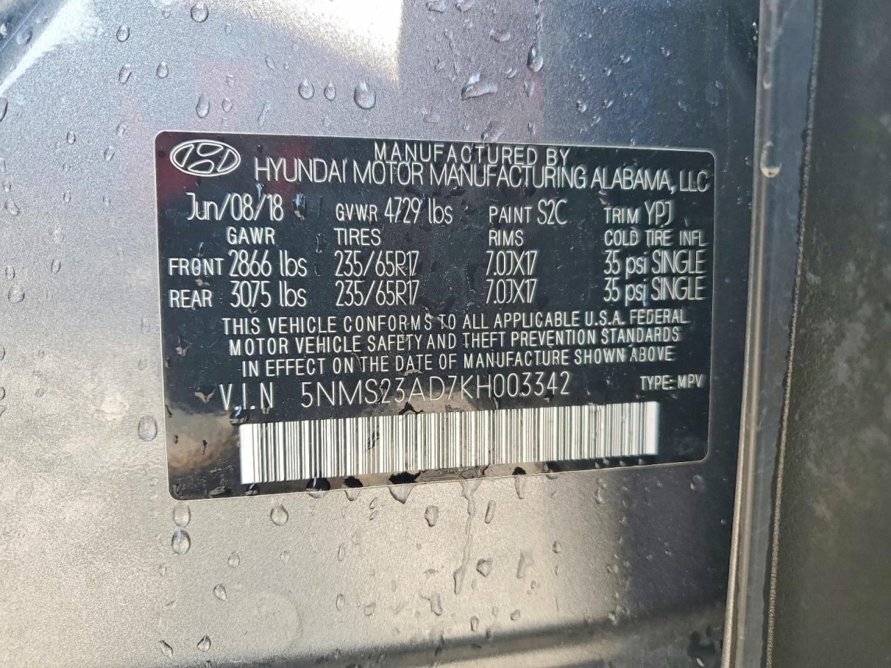 2019 HYUNDAI SANTA FE SE 2.4L photo 14