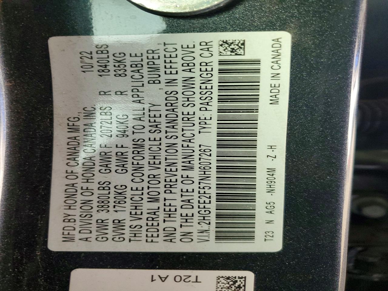 2022 HONDA CIVIC photo 12