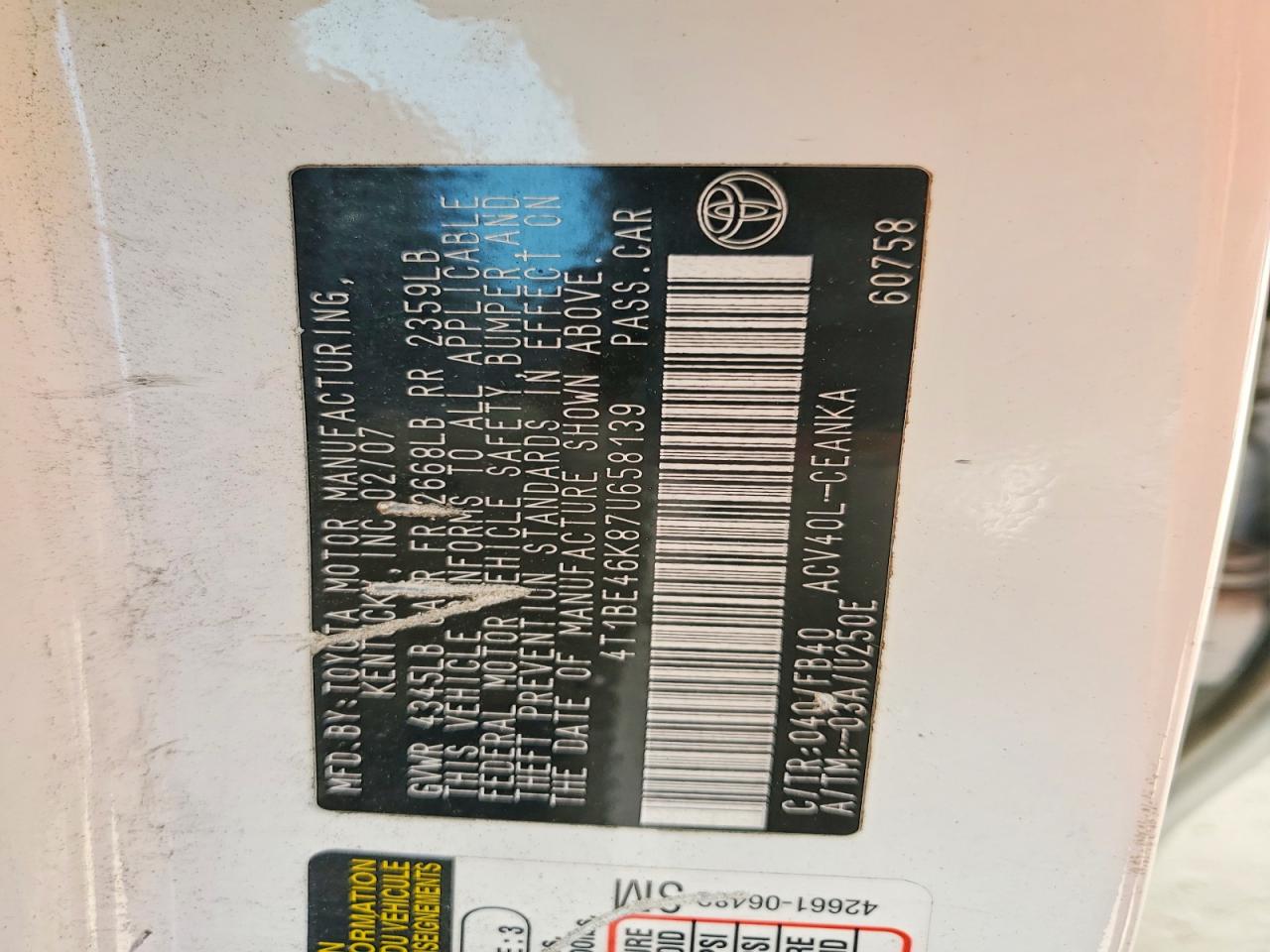 2007 TOYOTA CAMRY LE photo 12