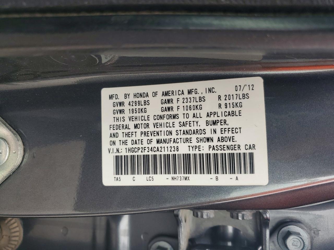 2012 HONDA ACCORD LX photo 12