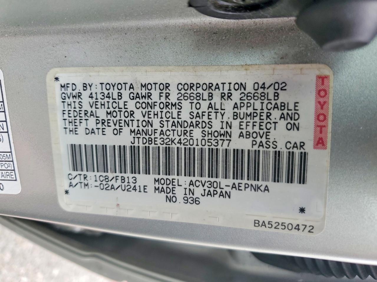 2002 TOYOTA CAMRY LE photo 34