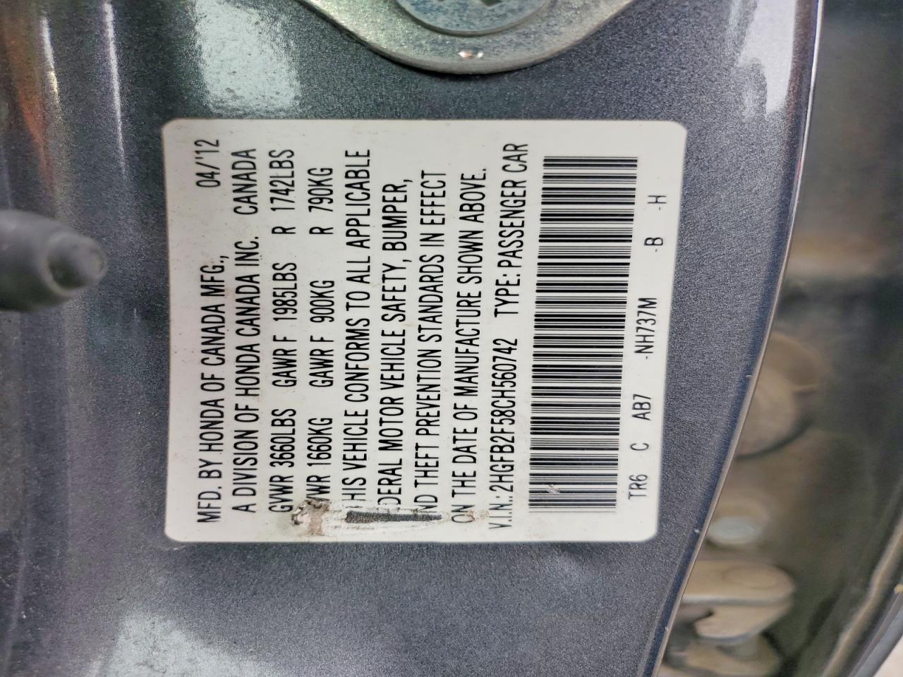 2012 HONDA CIVIC LX photo 12