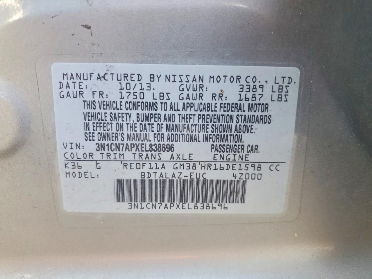 2014 NISSAN VERSA 1.6 S PLUS photo 12