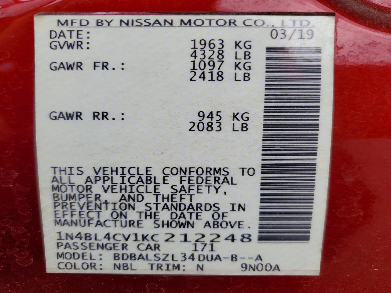 2019 NISSAN ALTIMA 2.5 SR photo 12