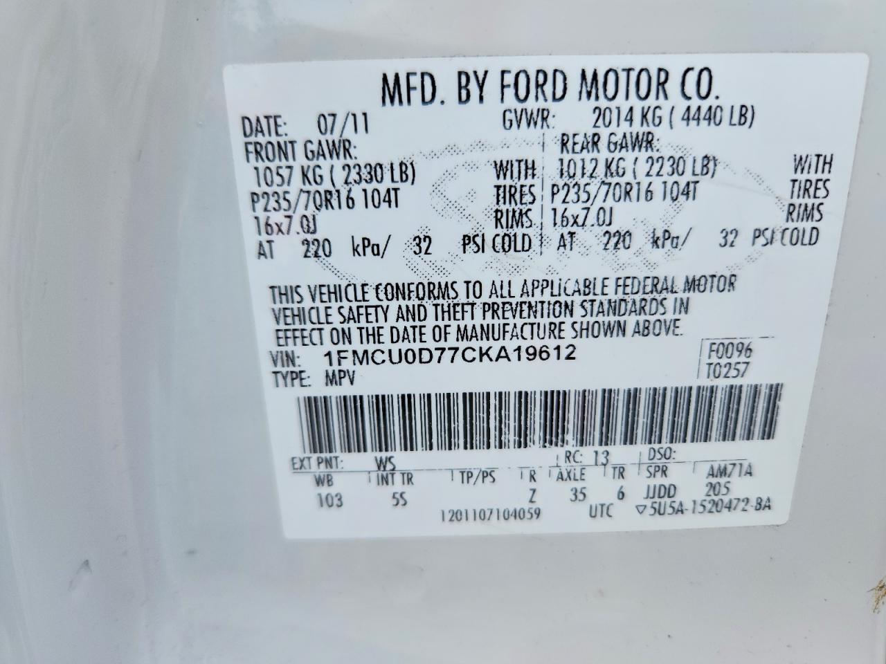2012 FORD ESCAPE XLT photo 14