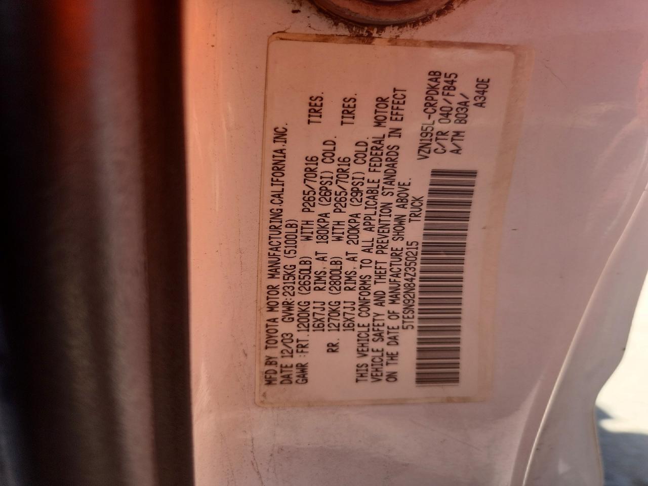 2004 TOYOTA TACOMA PRERUNNER V6 photo 12