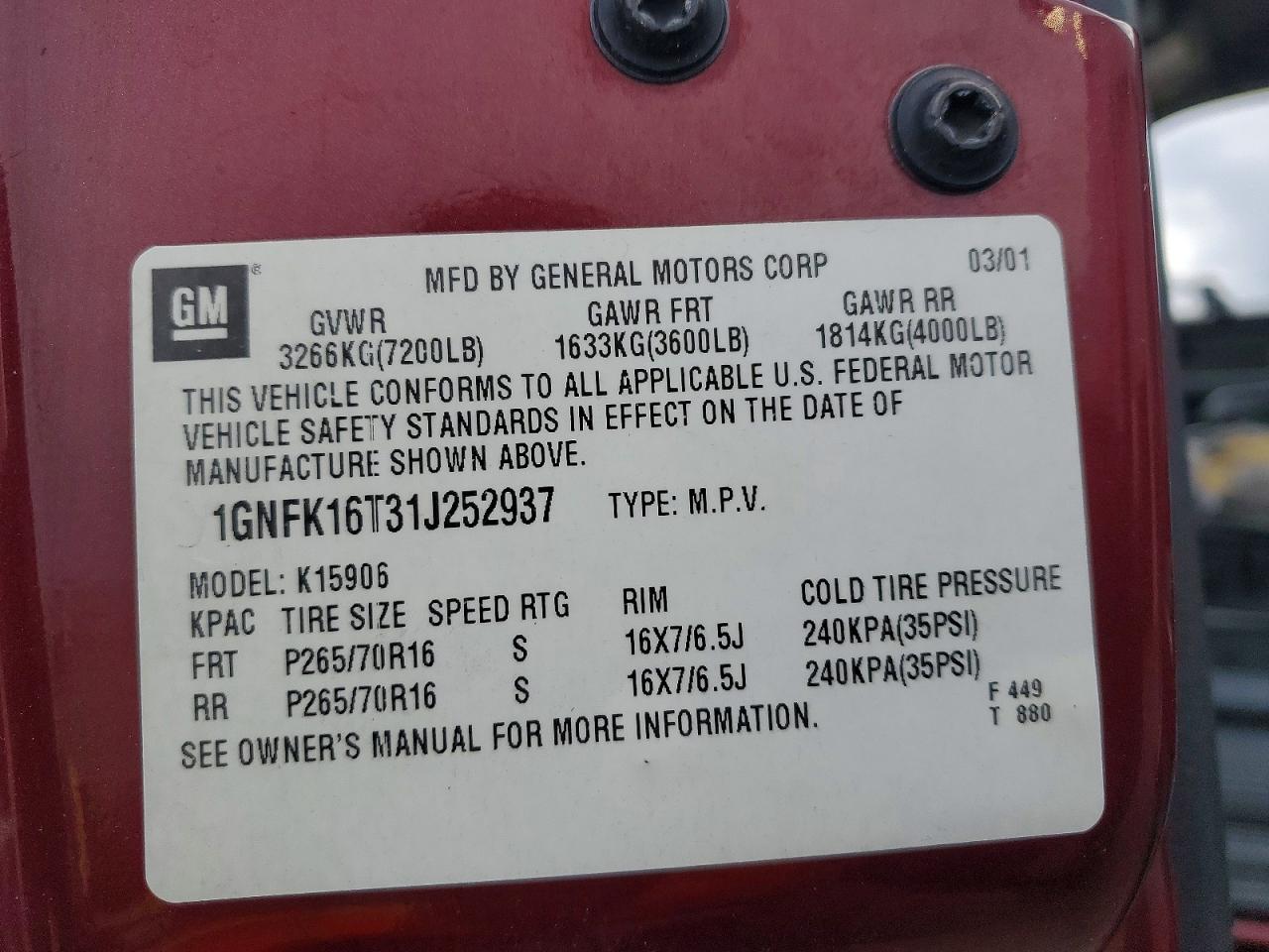 2001 CHEVROLET SUBURBAN K1500 photo 25