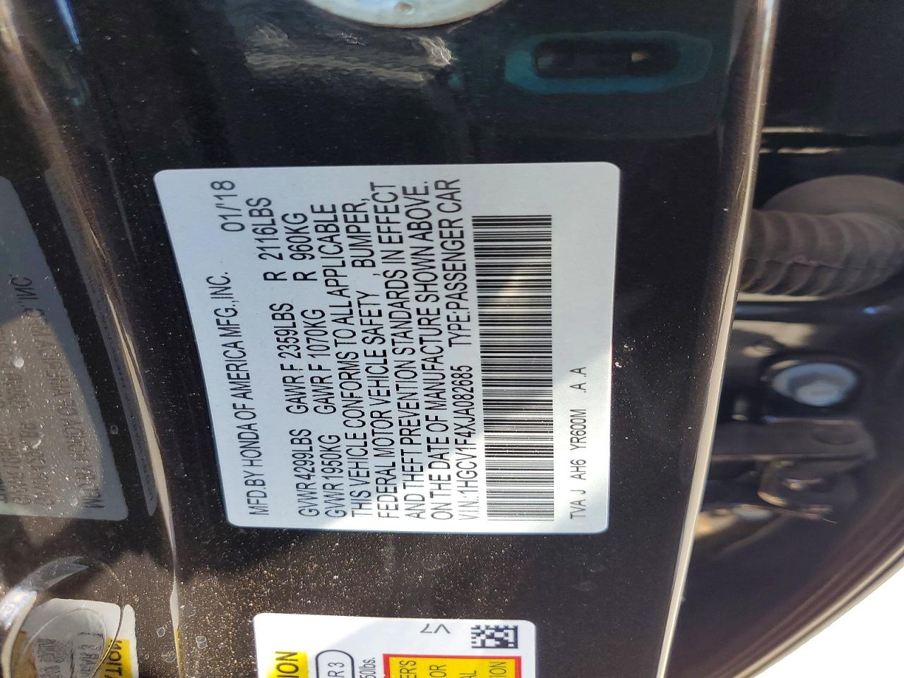 2018 HONDA ACCORD EX photo 12