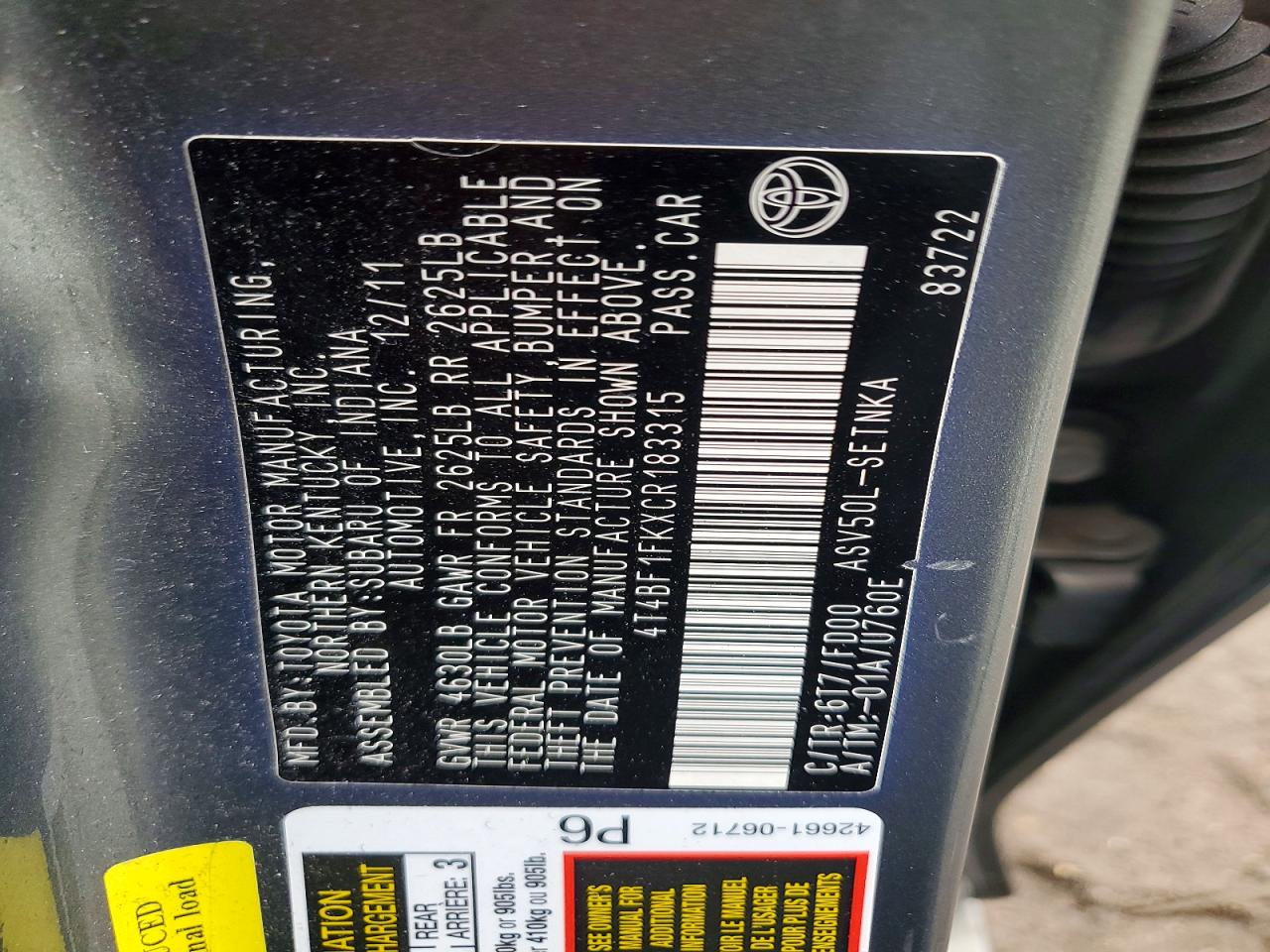 2012 TOYOTA CAMRY LE photo 12