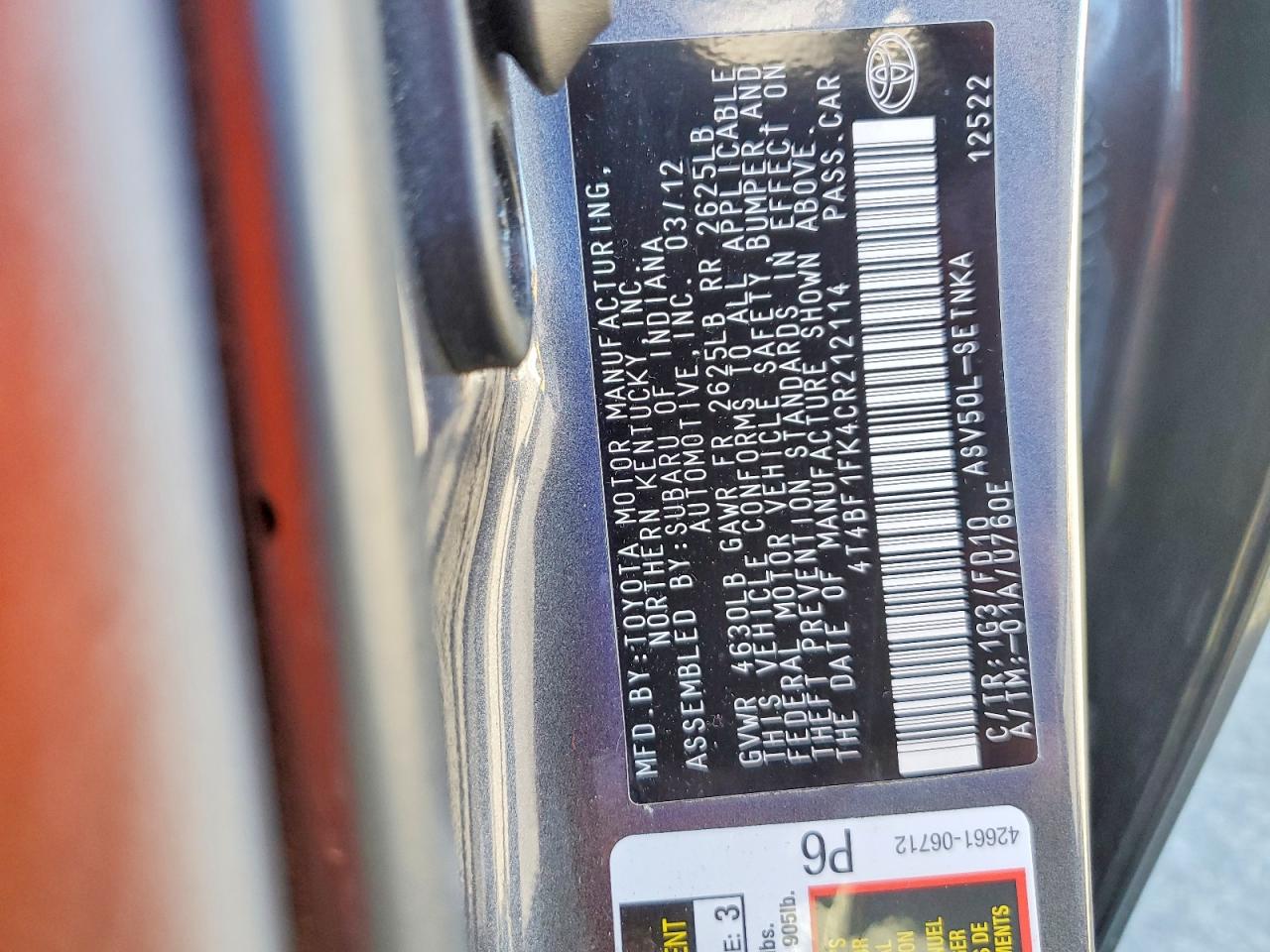 2012 TOYOTA CAMRY LE photo 34