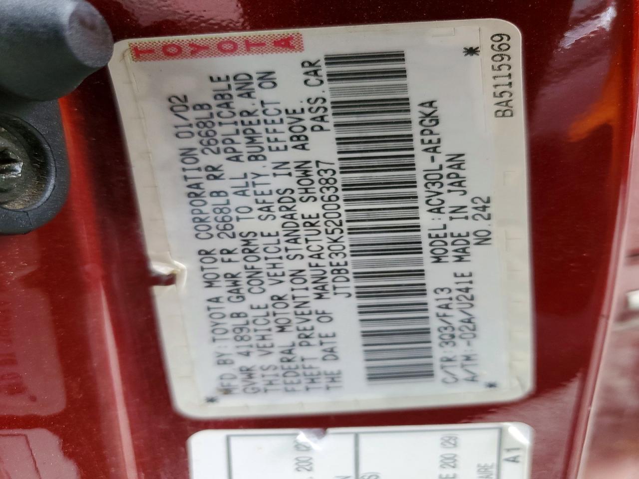 2002 TOYOTA CAMRY XLE photo 23