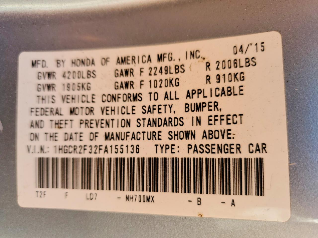 2015 HONDA ACCORD LX photo 12