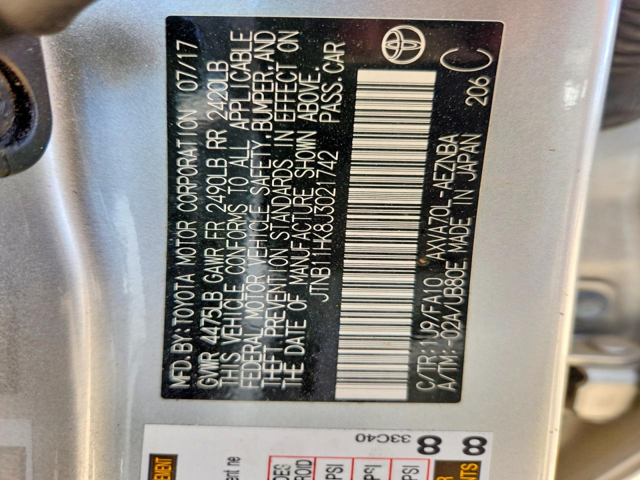 2018 TOYOTA CAMRY LE photo 13