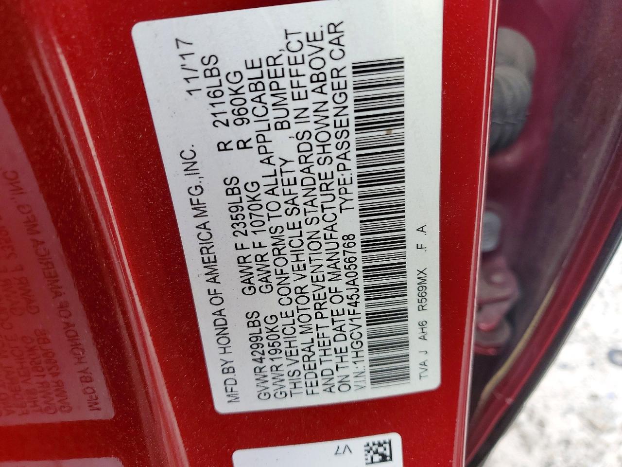 2018 HONDA ACCORD EX photo 12