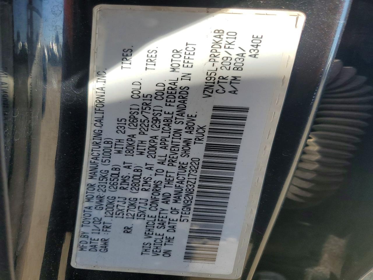 2003 TOYOTA TACOMA PRERUNNER V6 photo 34