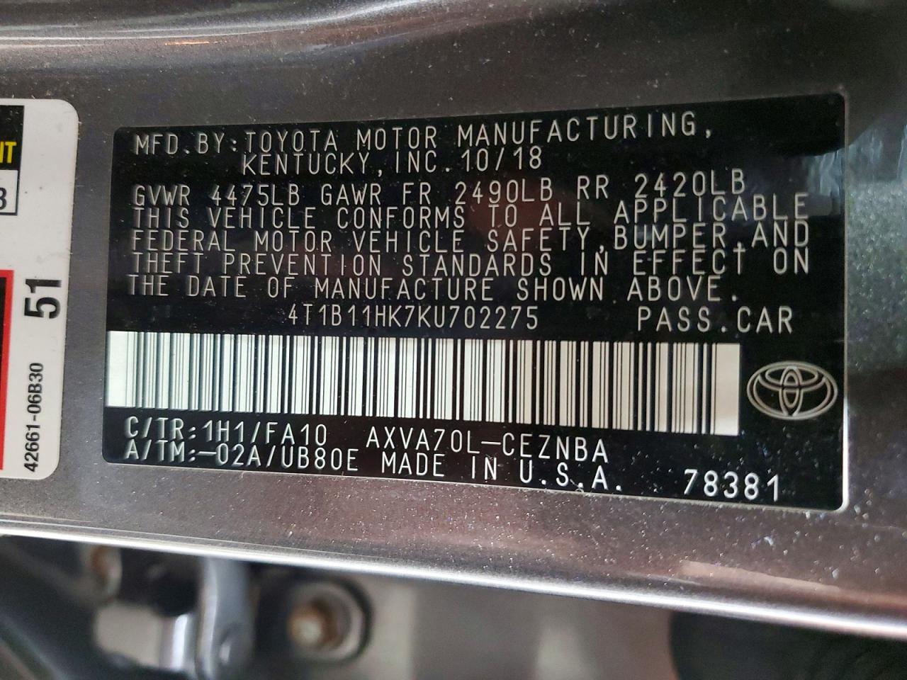 2019 TOYOTA CAMRY LE photo 25