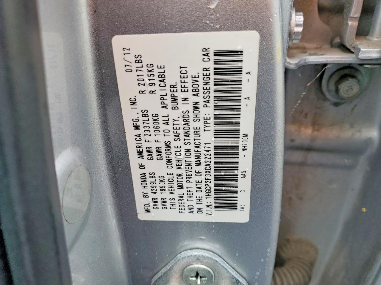 2012 HONDA ACCORD LX photo 13