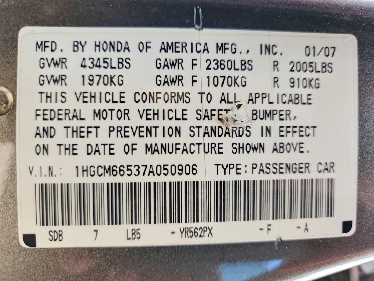2007 HONDA ACCORD EX photo 23