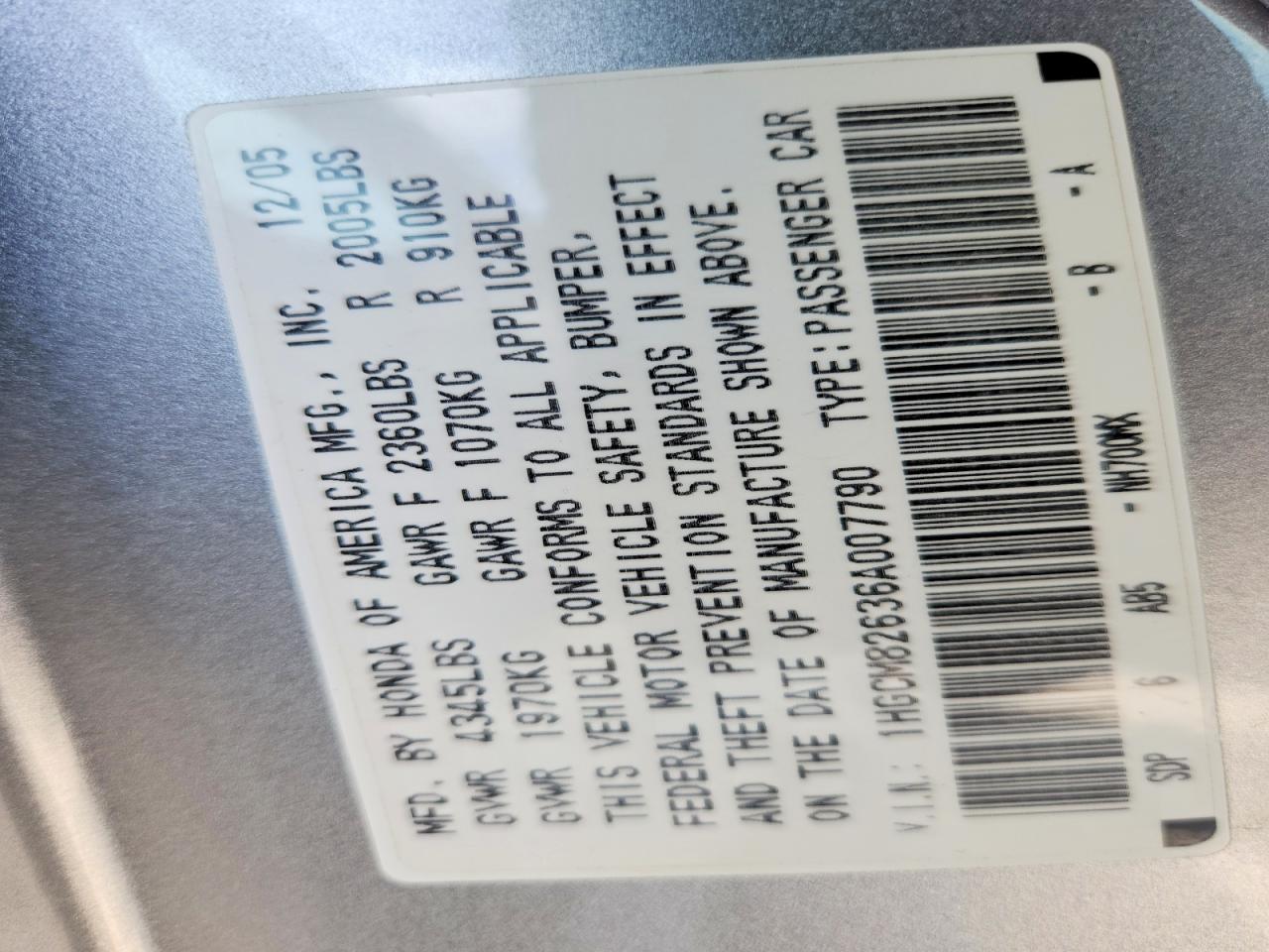 2006 HONDA ACCORD EX photo 12