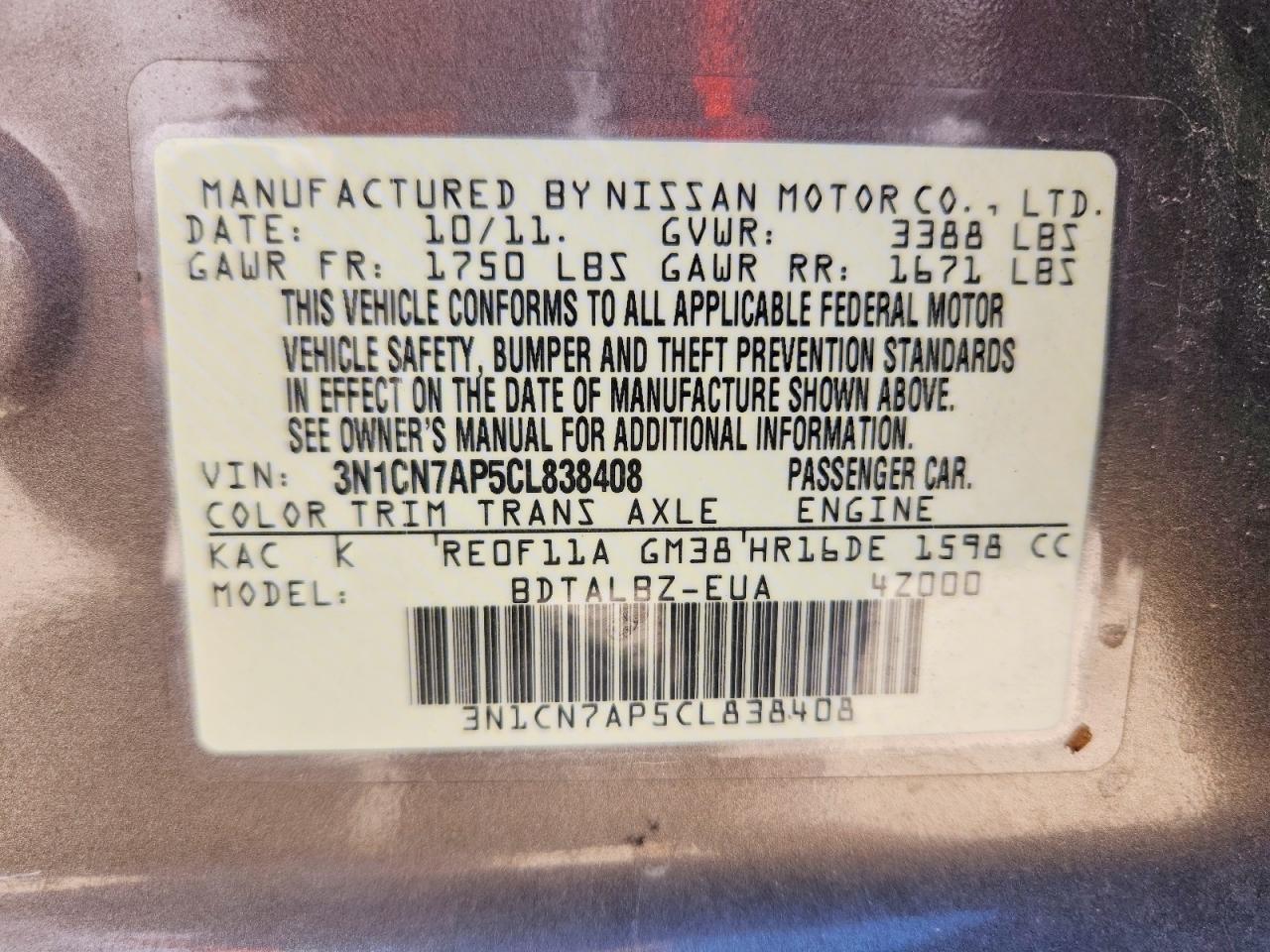 2012 NISSAN VERSA 1.6 S photo 23