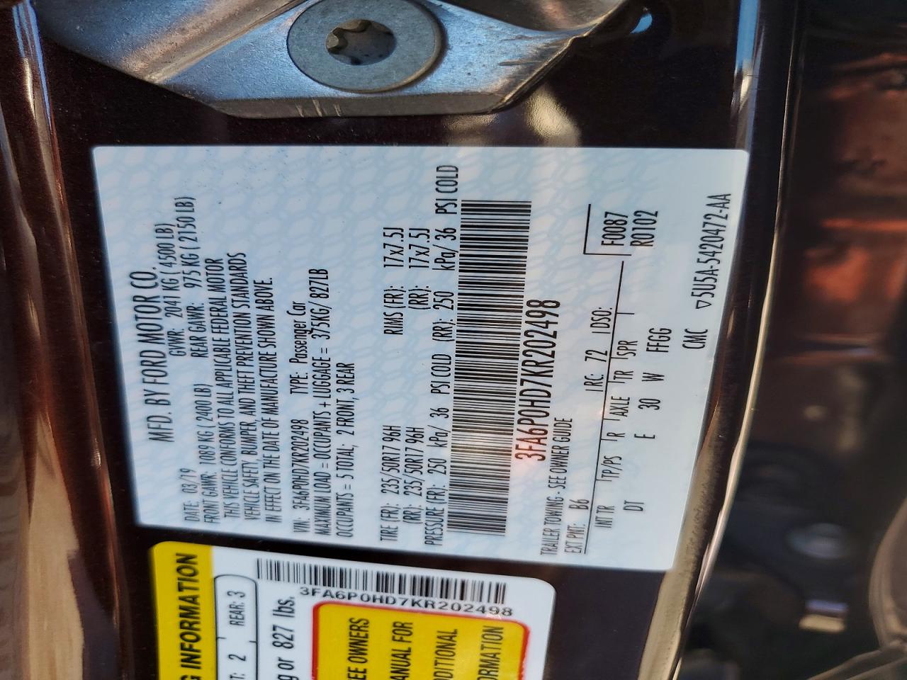 2019 FORD FUSION SE photo 12