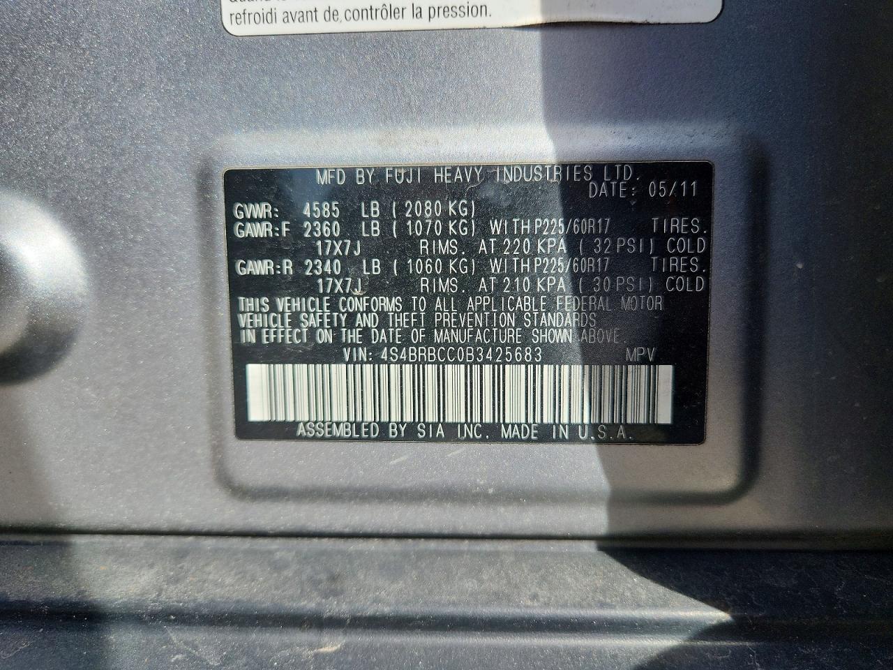 2011 SUBARU OUTBACK 2.5I PREMIUM photo 23