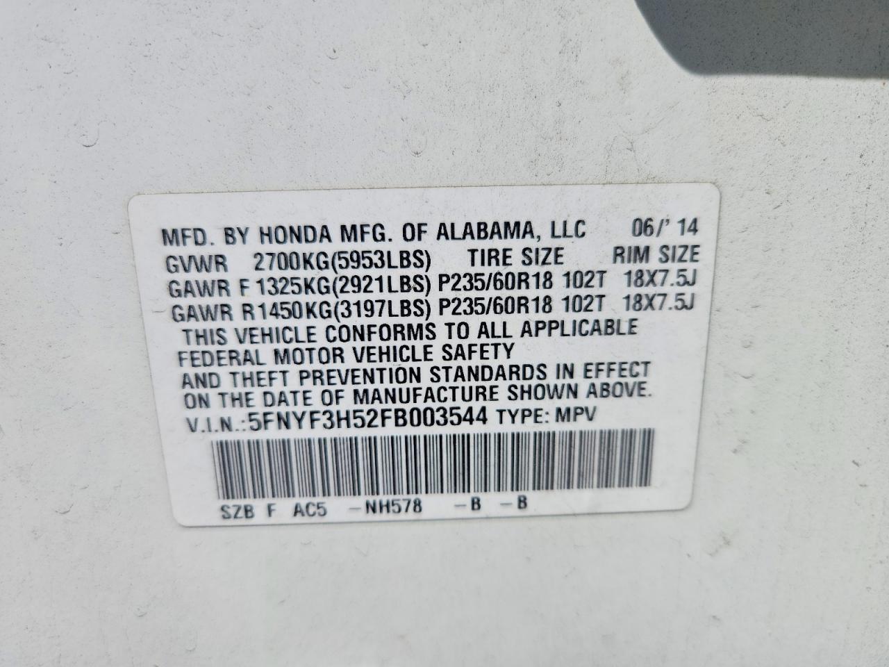 2015 HONDA PILOT EXL photo 12
