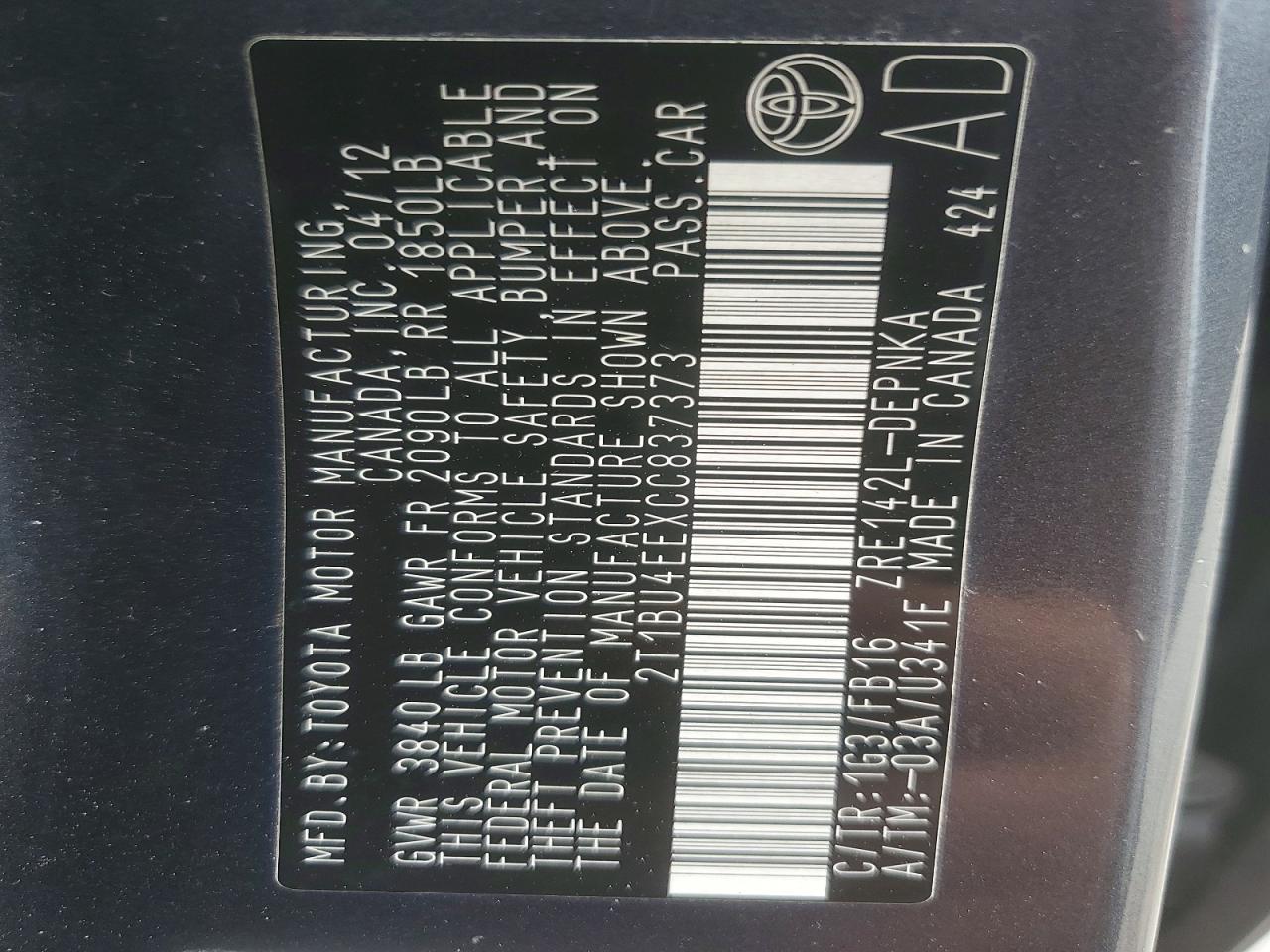 2012 TOYOTA COROLLA LE photo 12