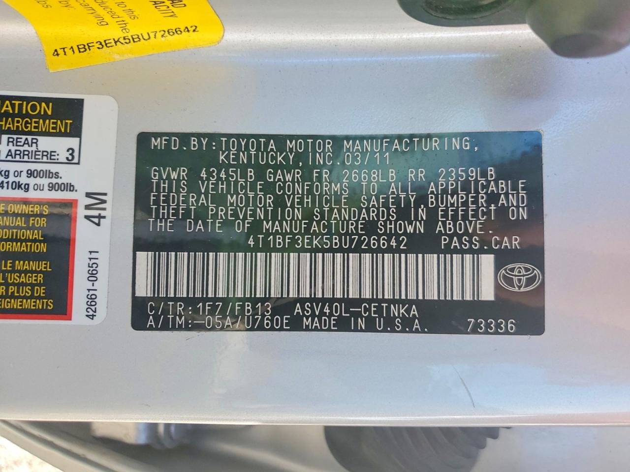 2011 TOYOTA CAMRY LE photo 12