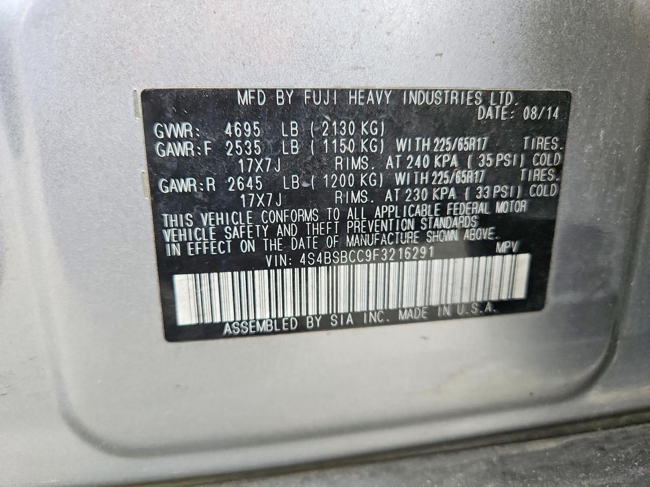 2015 SUBARU OUTBACK 2.5I PREMIUM photo 25