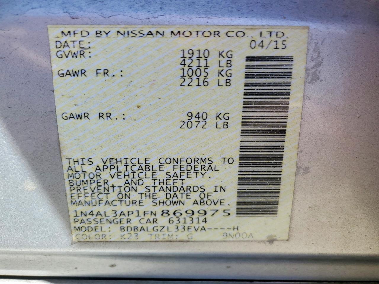 2015 NISSAN ALTIMA 2.5 S photo 37