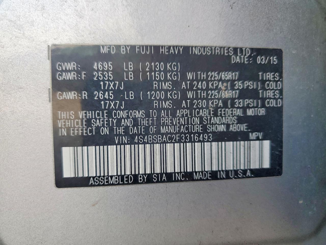 2015 SUBARU OUTBACK 2.5I photo 37