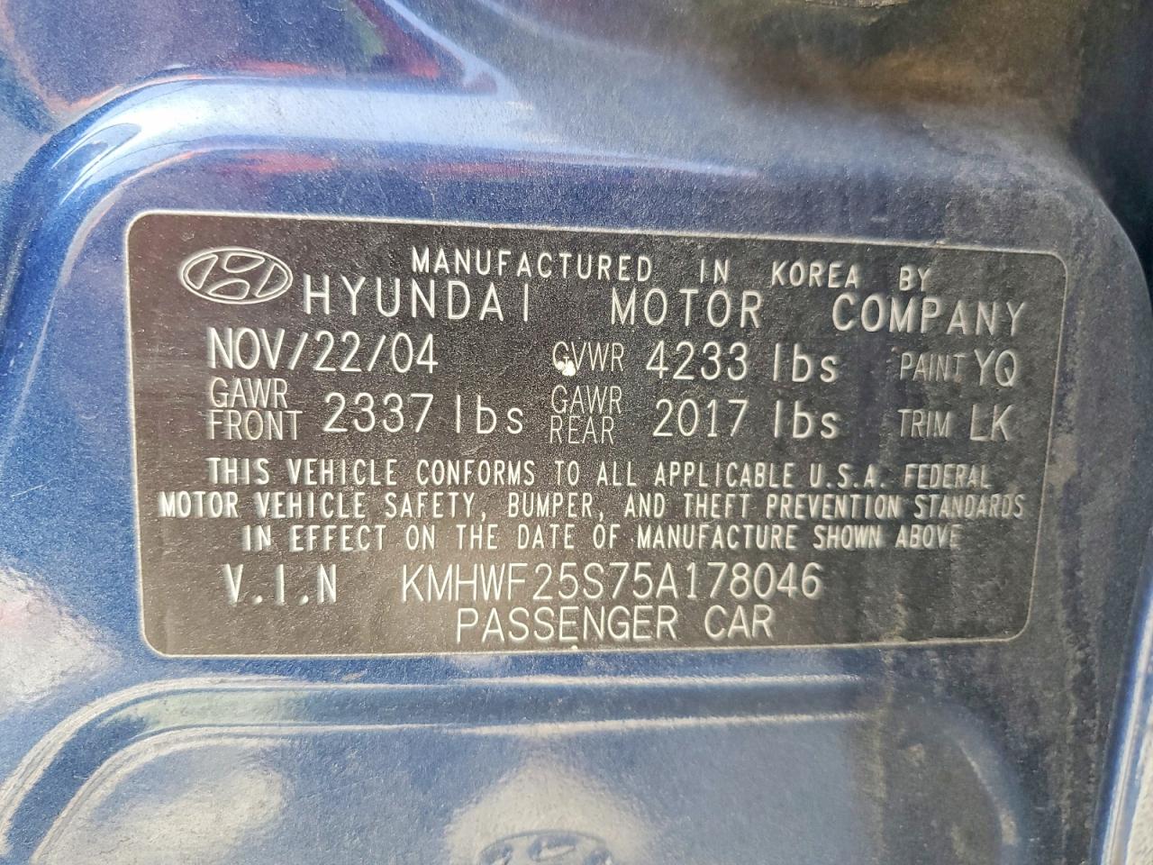 2005 HYUNDAI SONATA GL photo 34