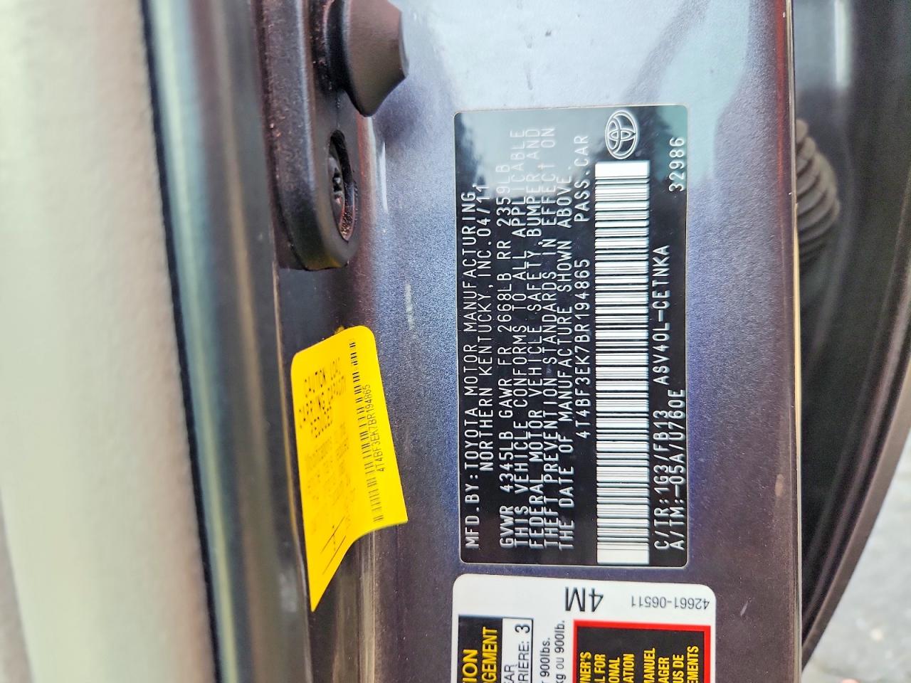 2011 TOYOTA CAMRY LE photo 12