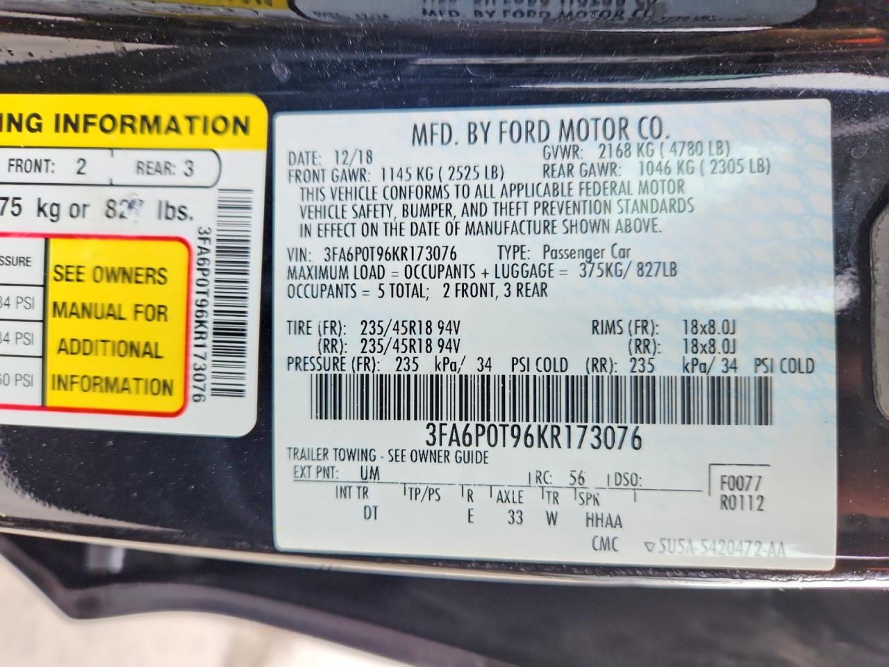 2019 FORD FUSION SE photo 34