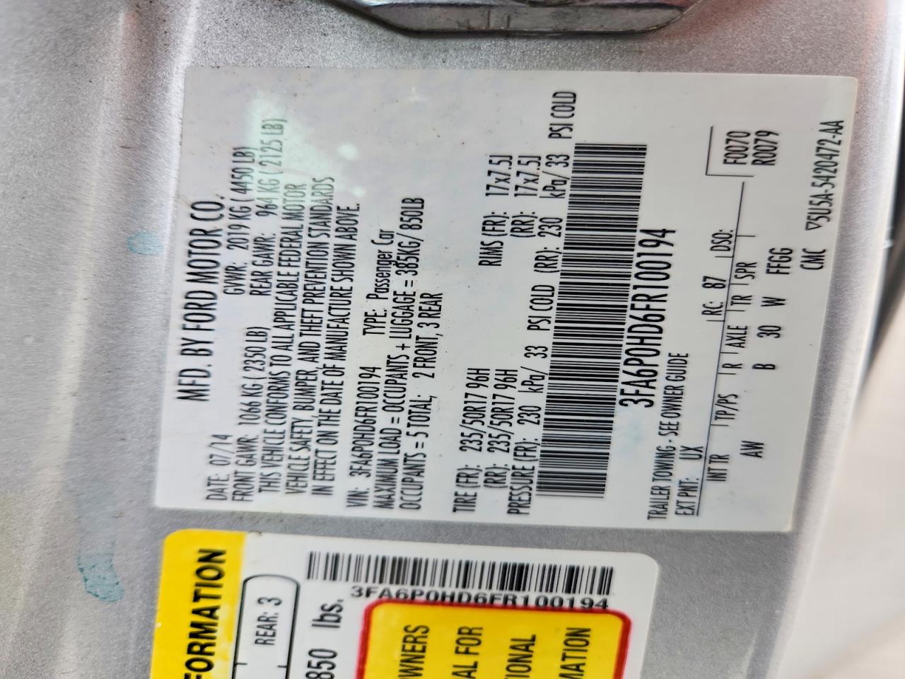 2015 FORD FUSION SE photo 37