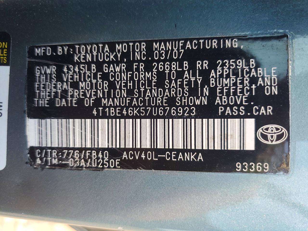 2007 TOYOTA CAMRY LE photo 23